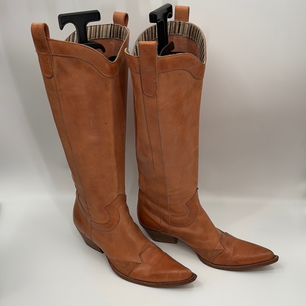 MOMA Size 40 Tan Leather Western Style Boots with Pointed Toe and Tall Shaft